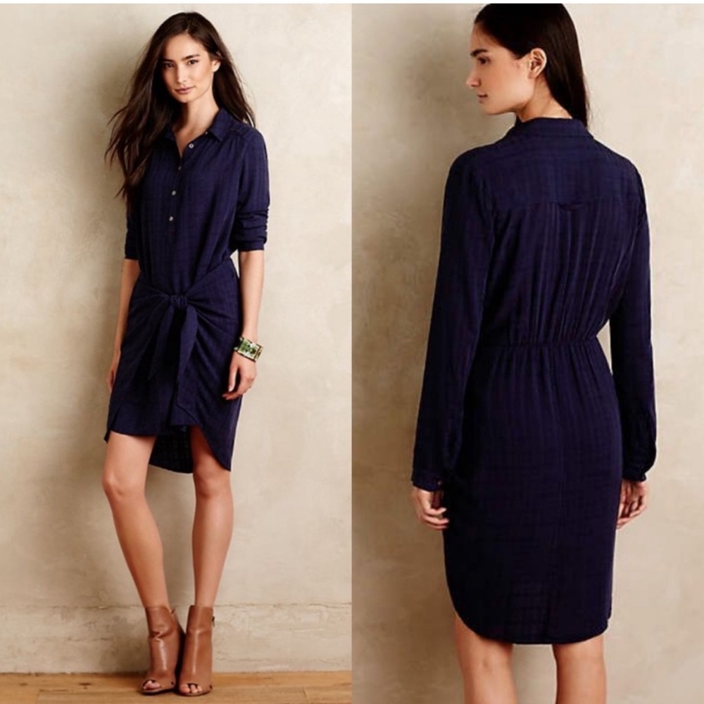 Anthropologie x Maeve Navy Bloomsbury Tie Wrap Shirt Dress Size 8